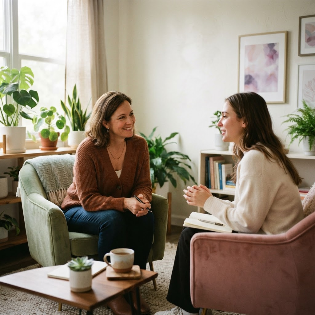 A wellness counselor sharing a supportive conversation with a client