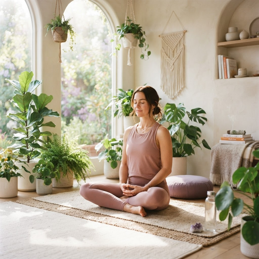 A person practicing mindful meditation in a calm, light-filled space